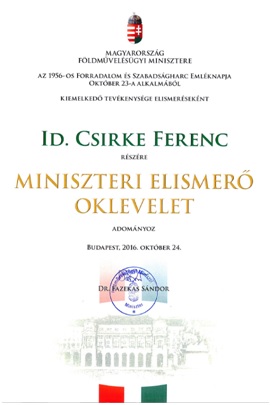 Miniszteri Elismerő Oklevelet kapott id.Csirke Ferenc