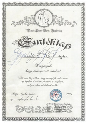 Emléklap a Gyuaj Zrt.-nekBöjte Csabától