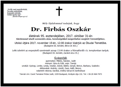 Dr. Firbás Oszkár gyászjelentése